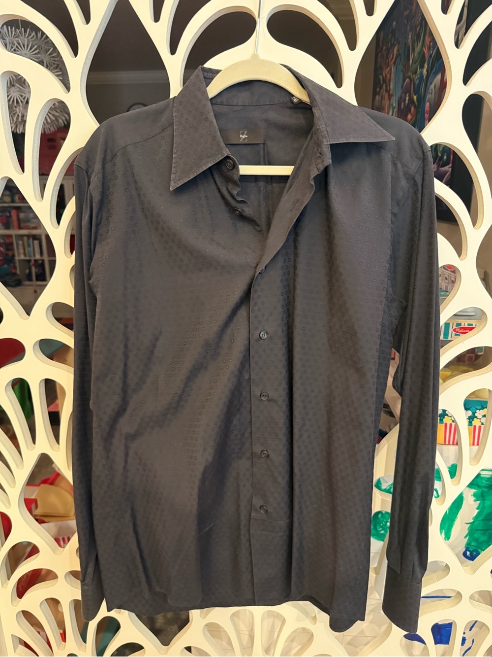 Men's Long-Sleeve Black Dress Shirt with Textured Dot Pattern